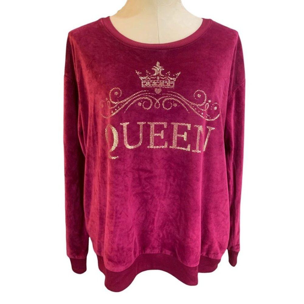 Large Place Women's "Queen" Raspberry Velour Pullover Shirt